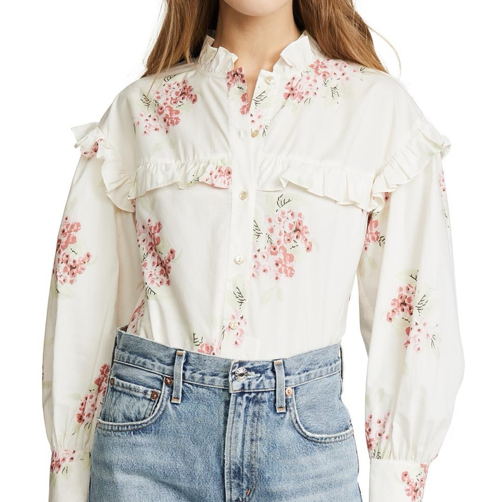 Rebecca Taylor Floral Ruffle Blouse - Cream and Pink